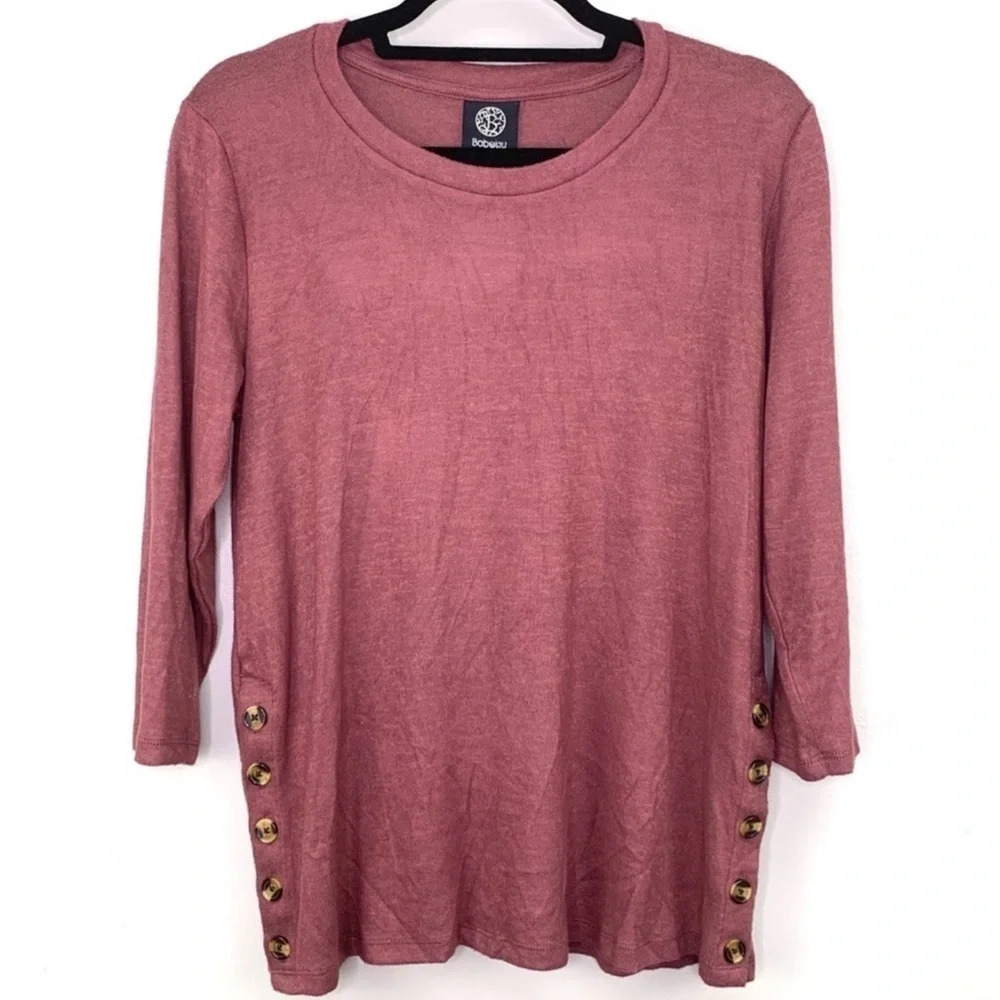 Bobeau Side Button Fleece Pullover Blouse Top 2X Red Rose Mauve Begonia Plus - Picture 2 of 5